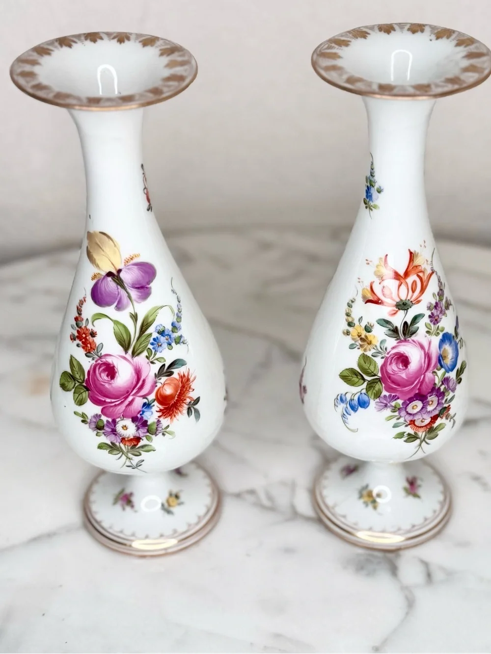 Germany antique Hand Painted Dresden trumpet style. vase pair or candle holders